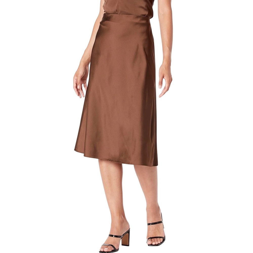 The Drop silky slip‎ skirt midi chocolate brown satin workwear minimalist large